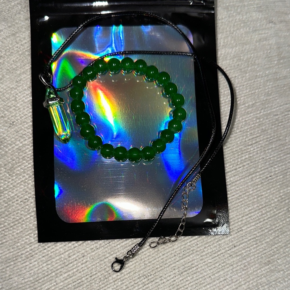 Green Beaded Bracelet and Crystal Necklace bundle New